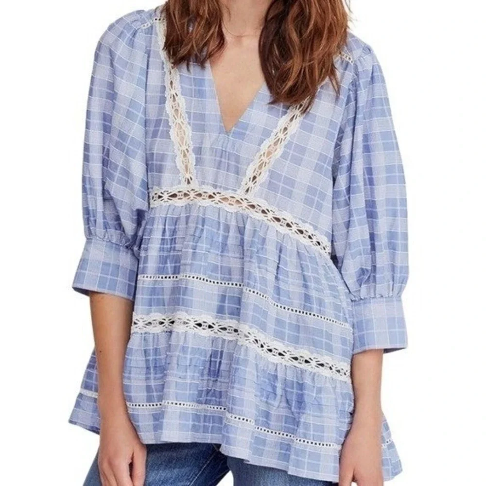Free People Blue White Plaid Crochet Lace Tiered Babydoll Tunic Top S/P Womens